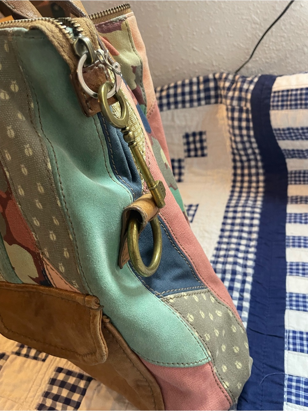 Fossil Patchwork Shoulder Bag in Navy, Coral, Teal & Tan - Picture 7 of 16